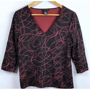 The Limited Blouse Large Black Red Swirl Print Career 3/4 Sleeve V Neck